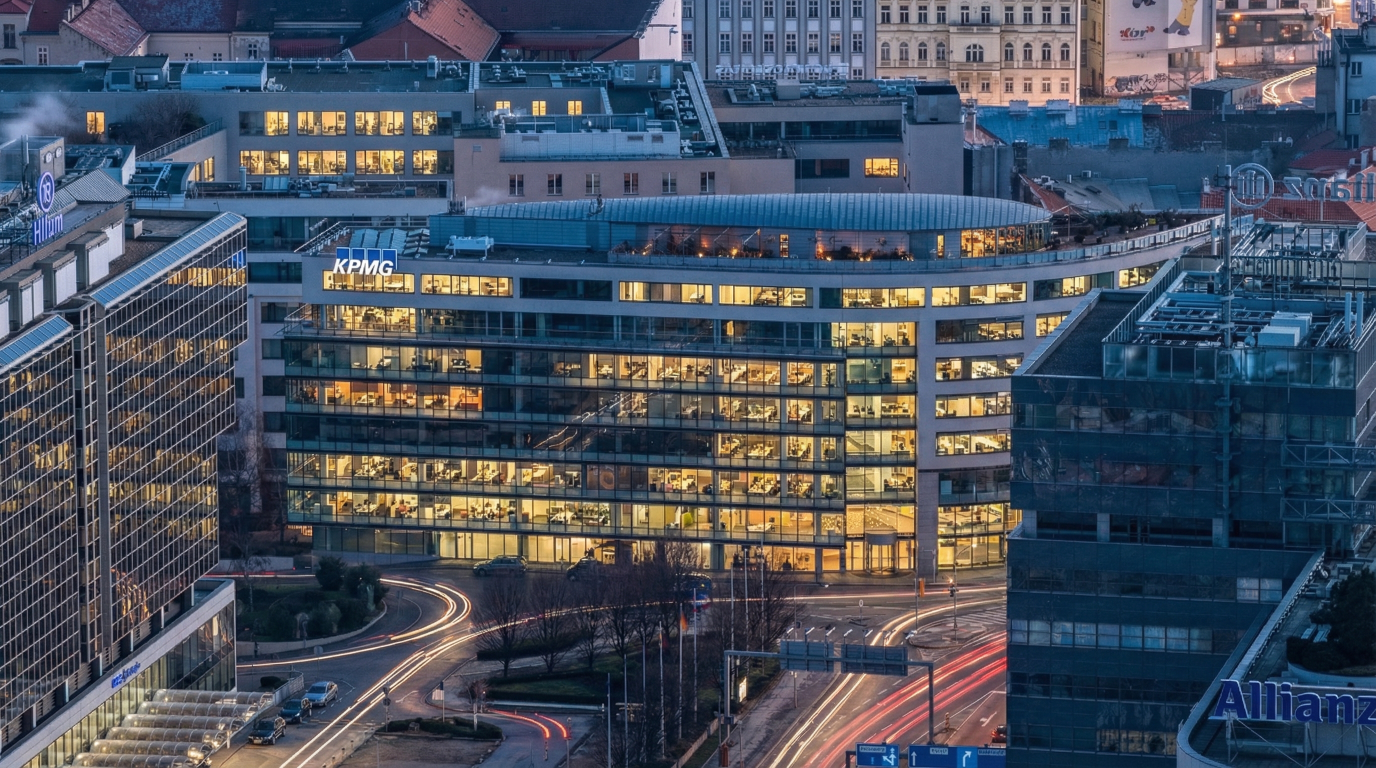 Florenc Office Center at dusk, illuminated facade